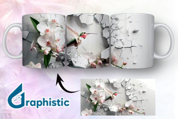 3D Hummingbird Flowers Mug Wrap 04: Graphics & Illustrations
