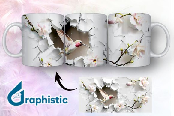 3D Hummingbird Flowers Mug Wrap 16: Graphics & Illustrations