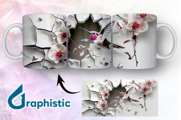 3D Hummingbird Flowers Mug Wrap 17: Graphics & Illustrations