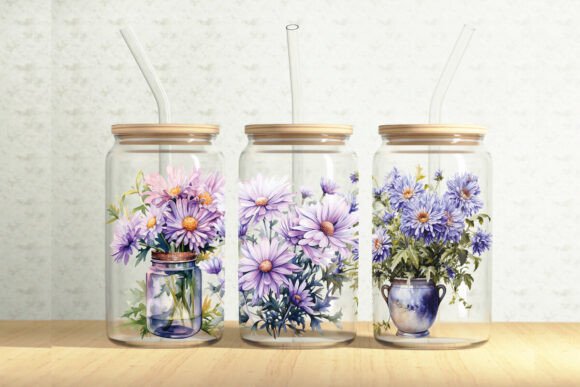 Aster Flowers Glass Can Wrap: Graphics & Illustrations