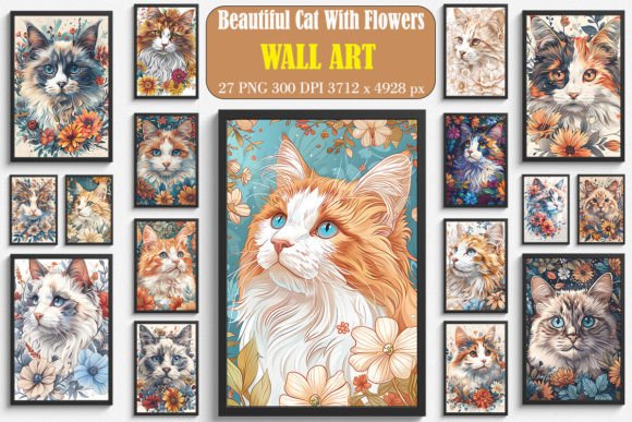 Beautiful Cat with Flowers Graphics & Backgrounds
