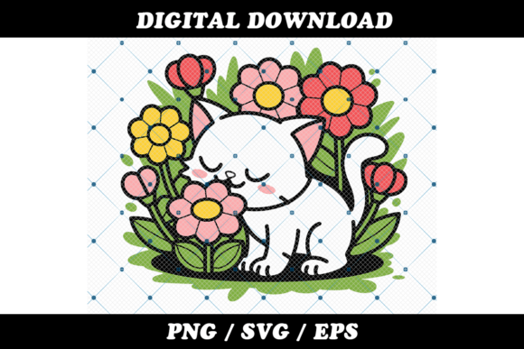 Cute Cat Sniffing Flowers: Graphics & Illustrations Review