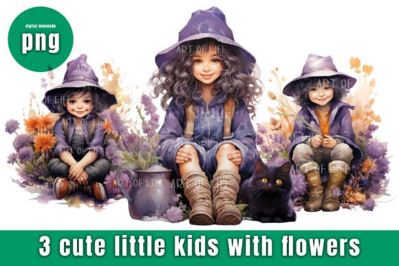 Cute Little Kids with Flowers Clipart: Graphics & Illustrations