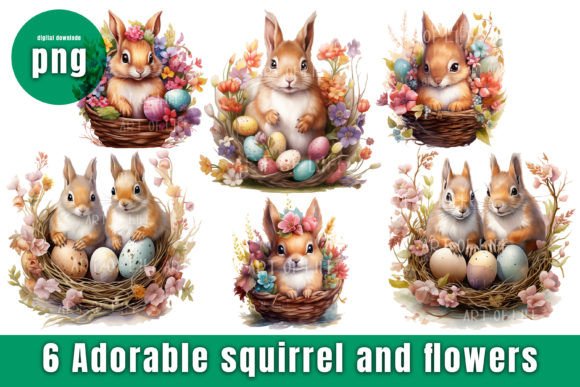 Cute Squirrel and Flowers Clipart: Graphics & Illustrations
