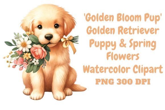 Golden Retriever Spring Flowers Clipart: Graphics & Illustrations