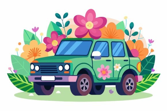 Suv Cartoon with Flowers: Fresh Graphics & Illustrations