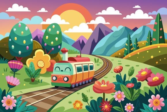 Trains Road Cartoon with Flowers: Graphics & Illustrations