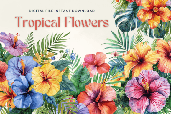 Tropical Watercolor Flowers Clipart: Graphics & Illustrations