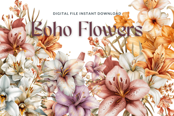 Watercolor Boho Flowers Clipart: Graphics & Illustrations