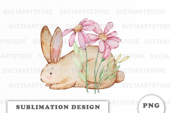 Watercolor Bunny with Flowers Png: Graphics & Illustrations