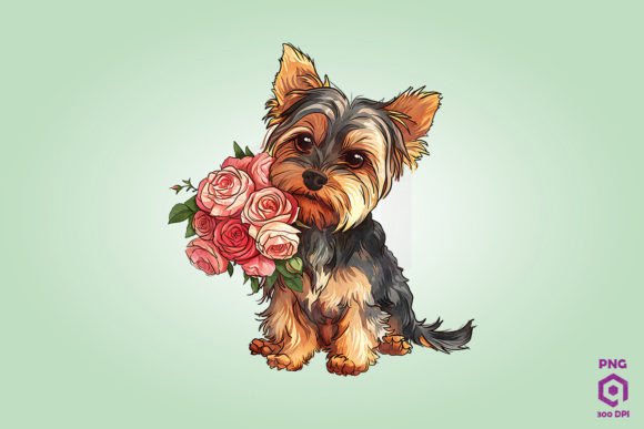 Yorkshire Terrier Giving Flowers: Graphics & Illustrations